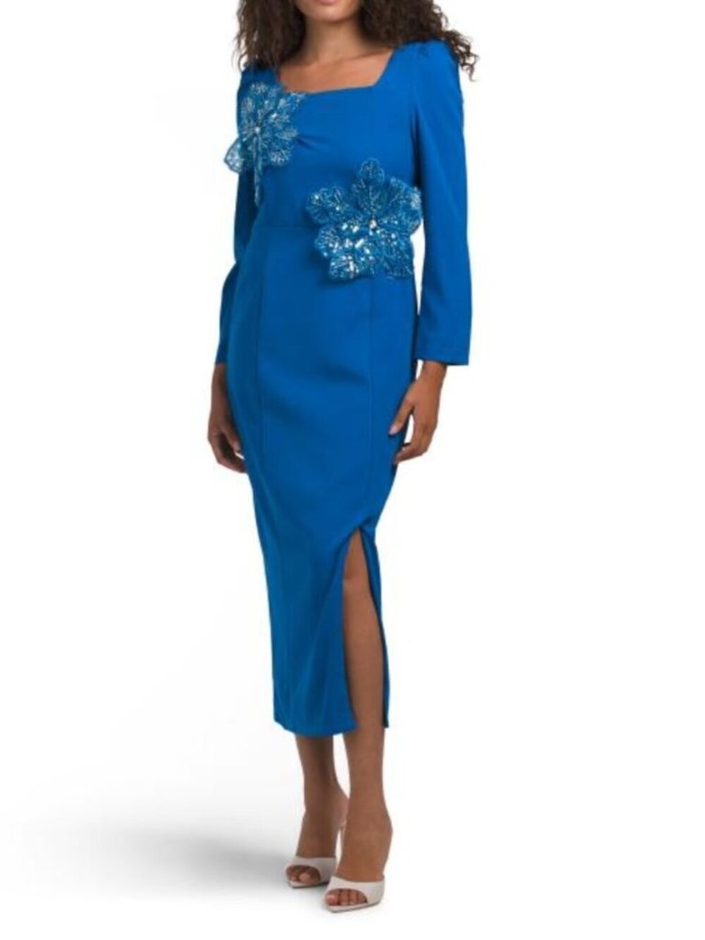 DALIA MACPHEE Long Sleeve 3d Floral Embellished Cocktail Dress